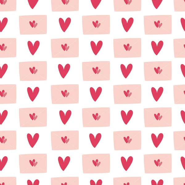 Nahtloses Muster Von Umschlägen Und Herzen Auf Weißem Hintergrund Handgezeichneter — Stockvektor