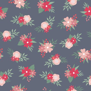 Çiçek buketleriyle kusursuz desen. Çiçeklerden ve yapraklardan oluşan sonsuz baskı mavi arkaplanda pastel renklerde.