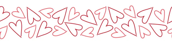 Безшовна Рамка Лінійним Мистецтвом Рожевих Червоних Сердець Стиль Каракулі Намальований — стоковий вектор