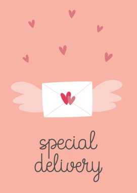 Sevgililer Günü tebrik kartı. Kanatlı el yazısı bir zarf. Tebrik kartı, davetiye, poster, afiş, etiket için şablon. Vektör illüstrasyonu