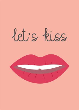 Sevgililer Günü tebrik kartı. Kırmızı dudaklı kadın ve mesaj. Öpüşelim. El çizimi karalama stili. Poster, afiş, kart, yazdırma şablonu