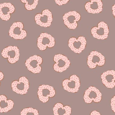 Donut kusursuz desen. Kalp şeklinde tatlı bir çörek. Sevgililer günü tebrik kartları, parti davetiyeleri, posterler ve baskılar için arka plan. Vektör illüstrasyonu