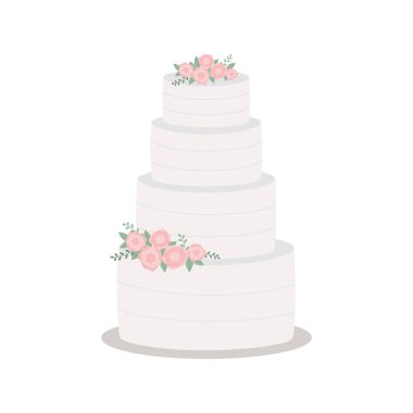 Wedding cake with floral decoration. Design element for greeting card, invitation, poster. Isolated vector illustration. 