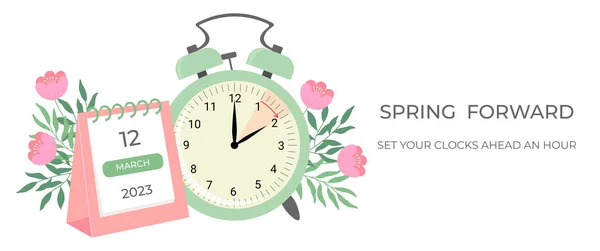 Daylight Saving Time Concept Banner Spring Forward Time Allarm Clock — Wektor stockowy