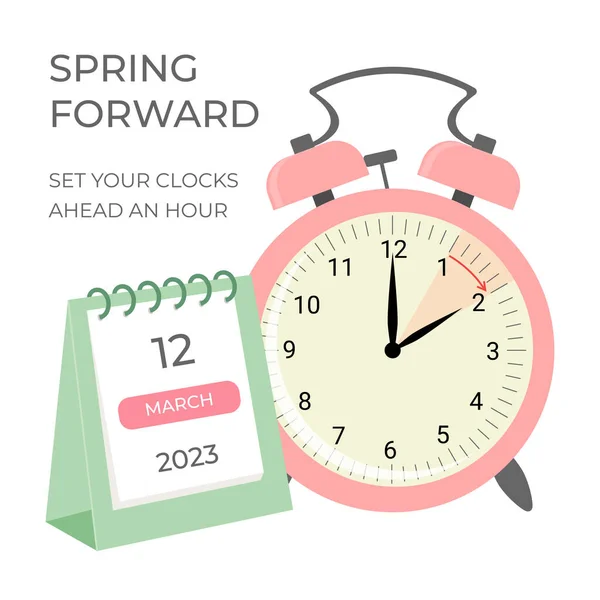 Daylight Saving Time Concept Banner Spring Forward Time Allarm Clock — Vettoriale Stock
