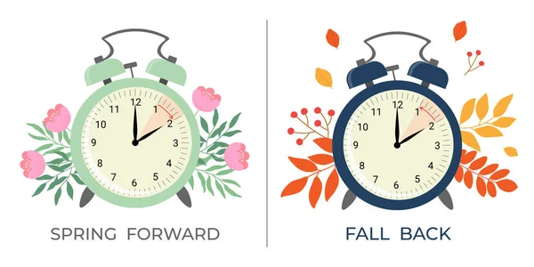 昼間の時間の概念のバナーを保存します 前に春と秋に戻る時間 花や葉を持つ目覚まし時計 — ストックベクタ