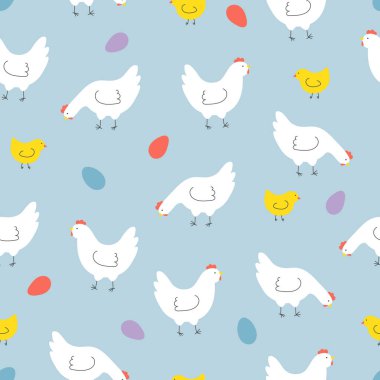 WebSeamless pattern with hens, chickens and eggs. Background for Easter, decor, invitation, cards.