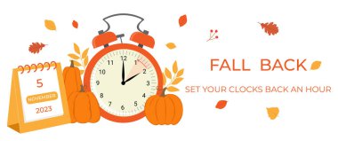 Daylight saving time ends concept banner. Fall Back time. Allarm clock with autumn leaves, pumpkins and calendar