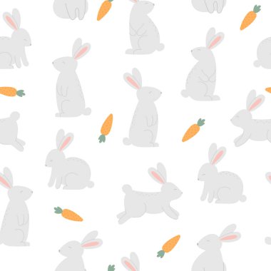 Seamless pattern with cute rabbits and carrots on white background. Template for Easter decor, invitation, cards.