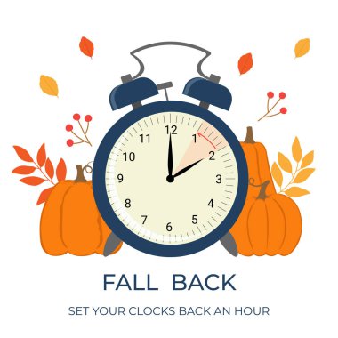 Daylight saving time ends concept banner. Fall Back time. Allarm clock with autumn leaves, branches and pumpkins.