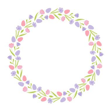 Colorful frame with branches, flowers and easter eggs. Design element for greeting card, invitation, poster, social media. Isolated vector illustration 