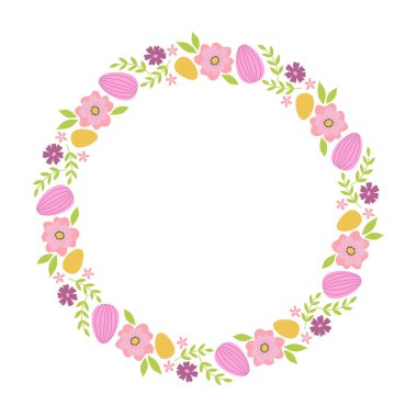 Colorful frame with flowers, leaves and easter eggs. Design element for greeting card, invitation, poster, social media. Isolated vector illustration 