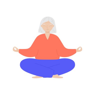 Senior woman sits cross-legged and meditates. Old woman makes morning yoga or breathing exercises.