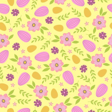 Seamless pattern with branches, flowers and easter eggs on yellow background. Template for greeting card, invitation, poster, print. Vector illustration