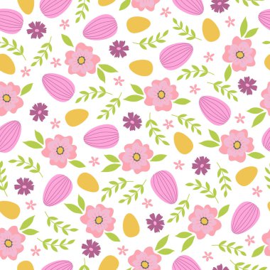 Seamless pattern with branches, flowers and easter eggs on white background. Template for greeting card, invitation, poster, print. Vector illustration