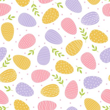 Seamless pattern with Easter decorated eggs. Yellow, pink and blue eggs and green branches on white background