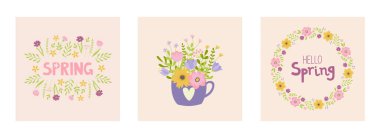 Bahar havası posterleri dizisi. Bahar mevsimi tebrik kartı hoş geldiniz. Çizgi film elemanları ve harfleri olan minimalist kartpostallar. Doodle düz stili