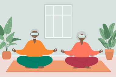 Senior man and woman sit cross-legged and meditate wearing VR glasses. Old man and woman make morning yoga or breathing exercises at home.