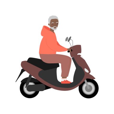 Modern motosikletle seyahat eden son sınıf öğrencisi. Yaşlı adam elektrikli scooter kullanıyor.