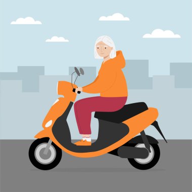 Senior woman traveling on modern motor scooter. Old woman riding electric scooter in the city