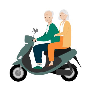 Son sınıf öğrencisi erkek ve kadın modern motosikletle seyahat ediyorlar. Yaşlı adam ve kadın elektrikli scooter kullanıyor.
