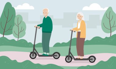 Senior man and woman riding kick scooter. Old man and woman riding electric scooter in the city park clipart