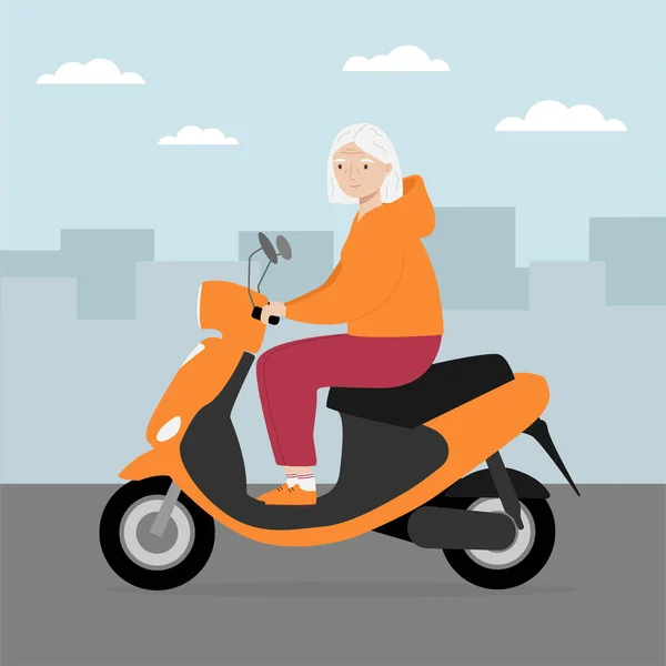 Senior Woman Traveling Modern Motor Scooter Old Woman Riding Electric — Vetor de Stock