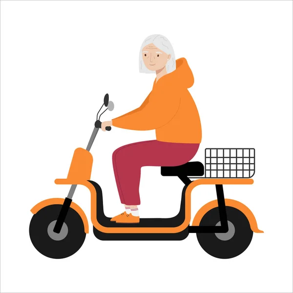 Starsza Kobieta Jeżdżąca Nowoczesnym Skuterze Elektrycznym Miejski Transport Ekologiczny — Wektor stockowy