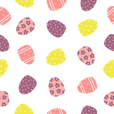 Paskalya süslemeli yumurtalarla kusursuz desen. Beyaz arka planda renkli yumurtalar. Vektör illüstrasyonu