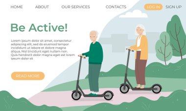 Banner, şehir parkında scooter kullanan yaşlı bir adam ve kadının şablonunu çiziyor. Yaşlı kadın ve yaşlı adam elektrikli scooter kullanıyor. Vektör illüstrasyonu
