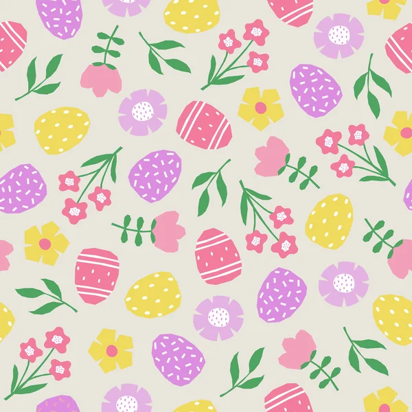 Nahtloses Muster Mit Handgezeichneten Ostereiern Blumen Und Blättern Bunte Pflanzen — Stockvektor