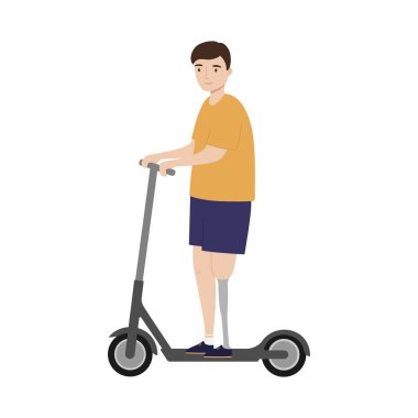 Elektrikli scooter kullanan protez bacaklı genç bir adam. Engelli kişi. İzole vektör illüstrasyonu 