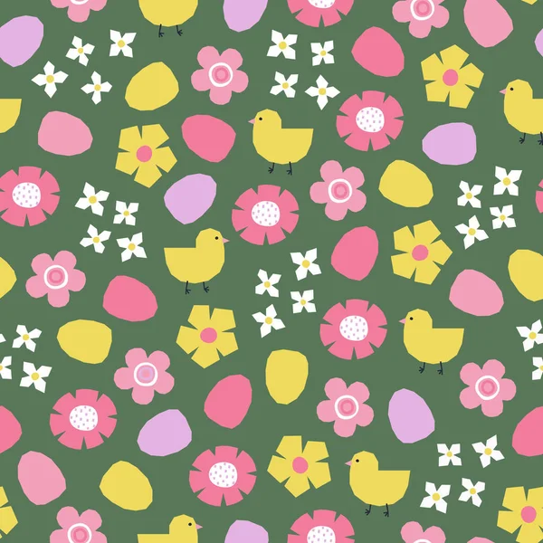 Nahtloses Muster Mit Handgezeichneten Hühnern Ostereiern Und Blumen Bunte Pflanzen — Stockvektor