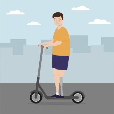 Şehirde elektrikli scooter kullanan protez bacaklı genç bir adam. Özürlü kişi