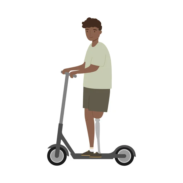 Junger Mann Mit Beinprothese Fährt Elektroroller Behinderte Person Isolierte Vektorillustration — Stockvektor