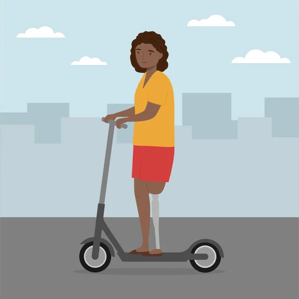 Şehirde Elektrikli Scooter Kullanan Protez Bacaklı Genç Bir Kadın Özürlü — Stok Vektör