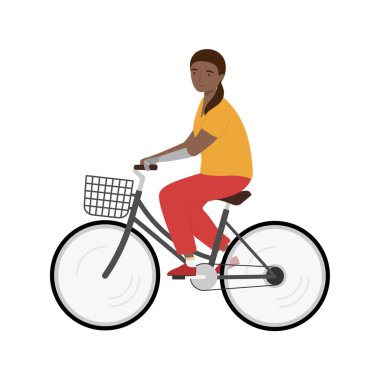 Protez kollu genç bir kadın bisiklete biniyor. Engelli kişi. İzole vektör illüstrasyonu 