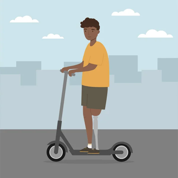 Junger Mann Mit Beinprothese Auf Einem Elektroroller Der Stadt Behinderte — Stockvektor