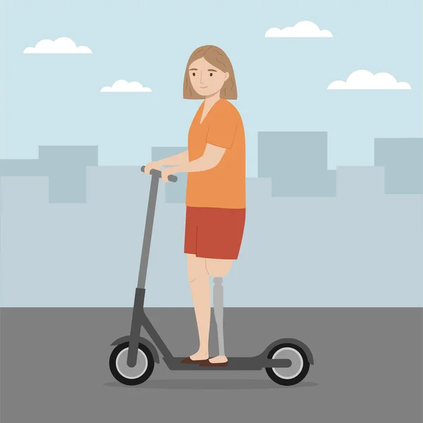 市内の電動スクーターに乗って義足の女性 障害者 — ストックベクタ