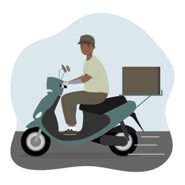 Elektrikli scooter süren protez kollu genç bir adam. Engelli biri şehirde modern motosiklet kullanıyor.