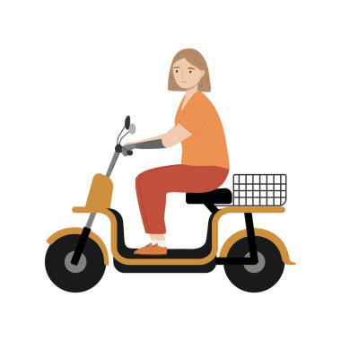 Protez kollu genç bir kadın modern elektrikli scooter kullanıyor. Özürlü kişi 