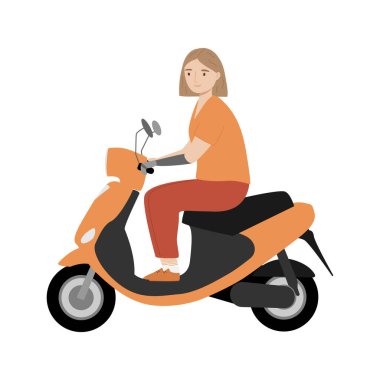 Elektrikli scooter süren protez kollu genç bir kadın. Modern mobilete binen engelli kişi