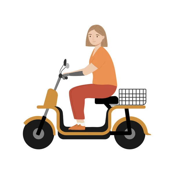 現代の電動バイクスクーターに乗って義肢の腕を持つ若い女性 障害者 — ストックベクタ
