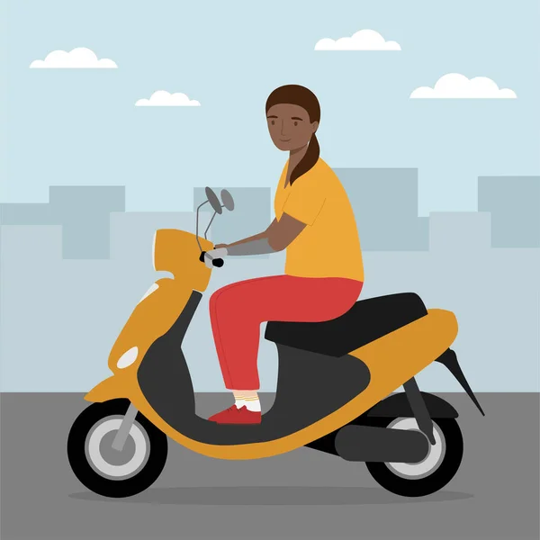 Jovem Com Braço Protético Montando Scooter Elétrico Pessoa Portadora Deficiência — Vetor de Stock