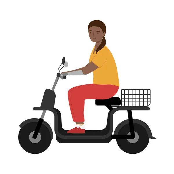 Jovem Com Braço Protético Montando Scooter Bicicleta Elétrica Moderna Deficiente — Vetor de Stock