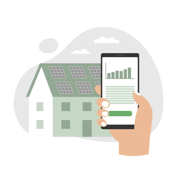 Casa Con Paneles Energía Solar Smartphone Mano Con Consumo Energía — Archivo Imágenes Vectoriales