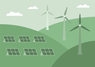Solar panels and wind turbines power plant. Green energy industrial concept, clean production of electricity. Vector illustration clipart
