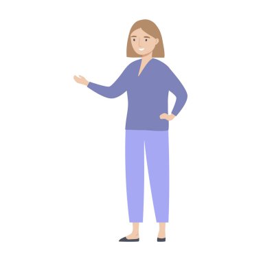 Genç bir kadın smth 'i gösteriyor, gösteriyor, işaret ediyor. Kız ayakta duruyor. İzole vektör illüstrasyonu 