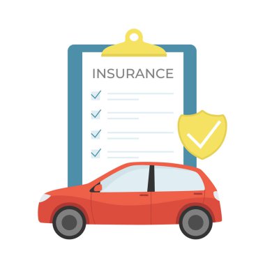 Araba sigortası. Sigorta belgesi, araba ve rozet. Düz çizgi film tarzı. İzole vektör illüstrasyonu 