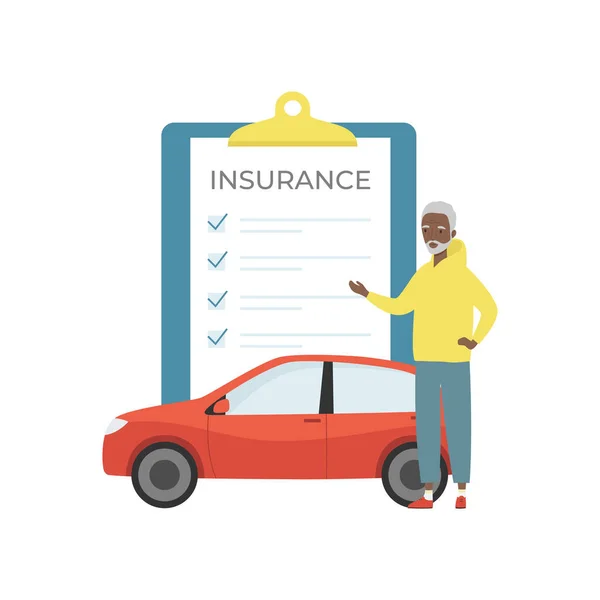 Car Insurence Insurance Document Car Senior Man Flat Cartoon Style — Stock Vector